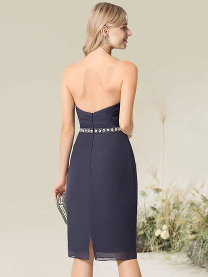 Convertible Elegant Wedding Guest Cocktail Party Dress Strapless Short Sleeve Knee Length Lace with Lace Insert Appliques