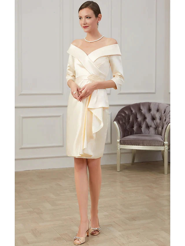 Mother of the Bride Dress Plus Size Off Shoulder Knee Length Polyester Half Sleeve with Ruffles Ruching  5 reviews