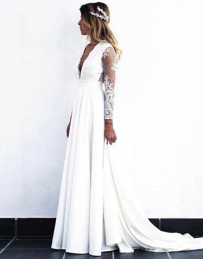 Lace Long Sleeves V Neck Long Bridal Dress