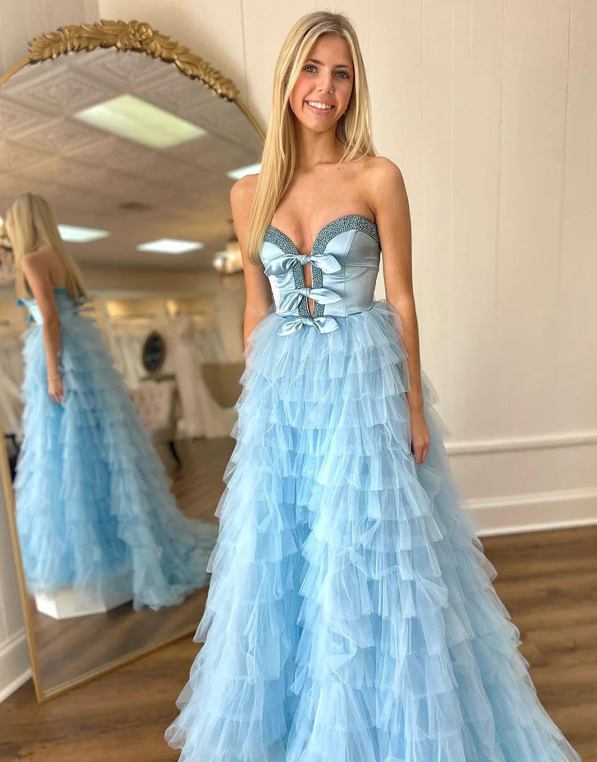 A Line Strapless Ruffle Tiered Long Prom Dress With Slit