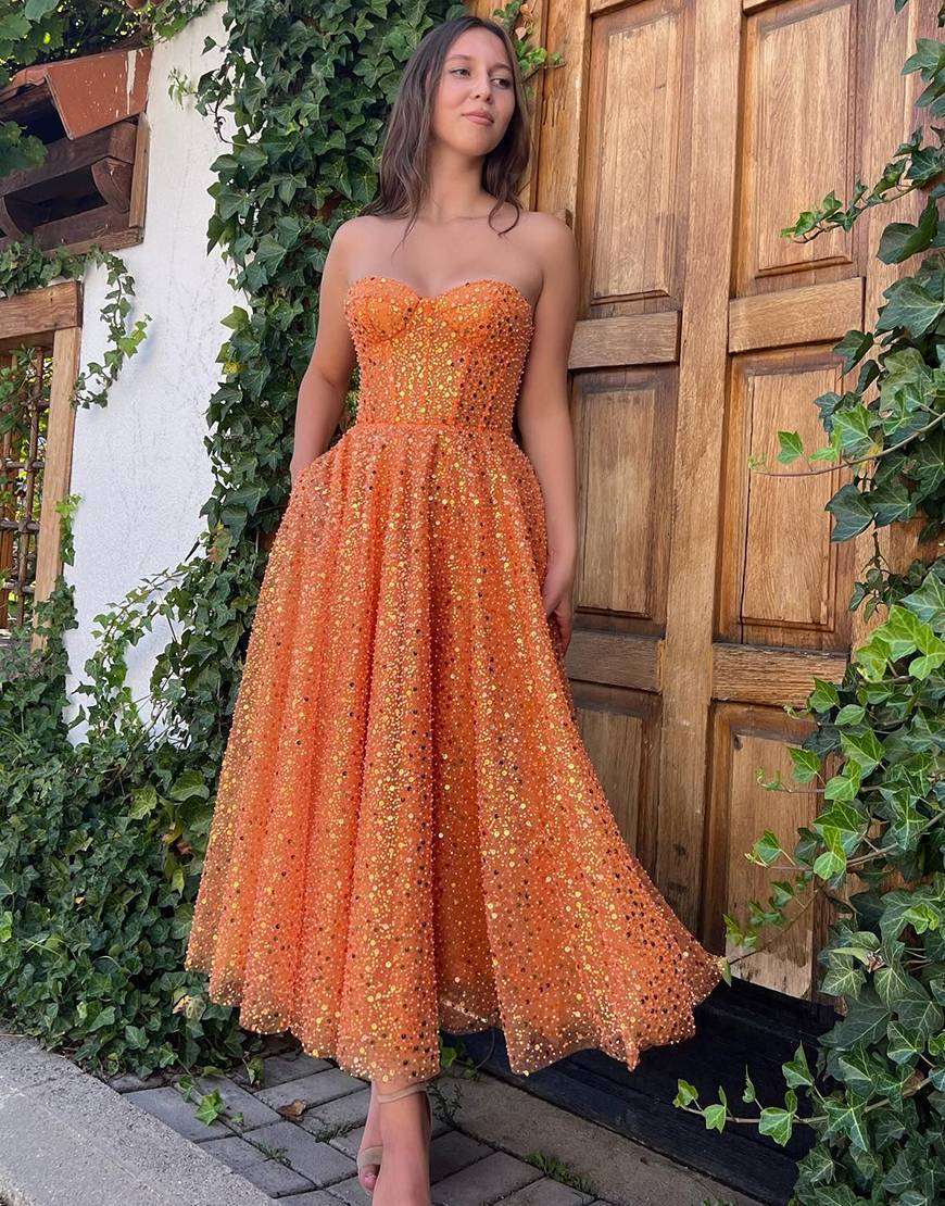 Glitter Sweetheart Orange Prom Dress
