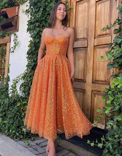 Glitter Sweetheart Orange Prom Dress