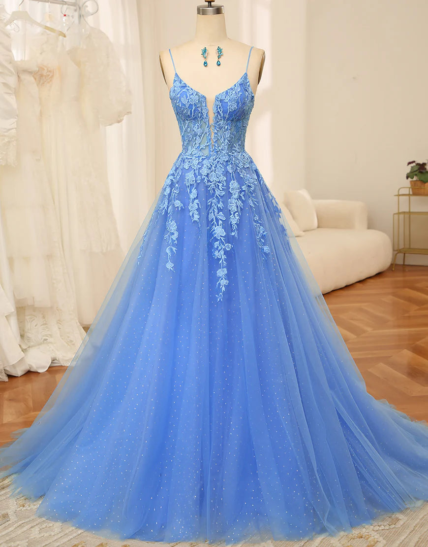 Spaghetti Strap Long Prom Dress With Appliqué