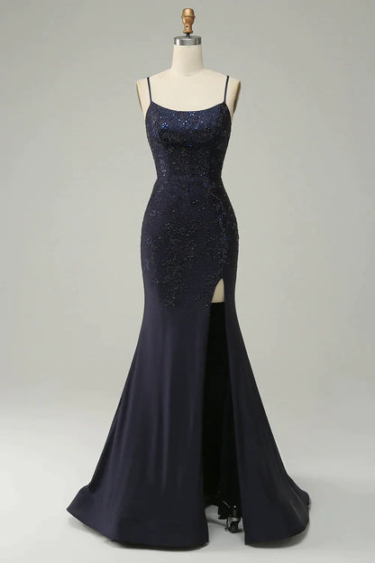 Spaghetti Straps Beaded Prom Dress with Split