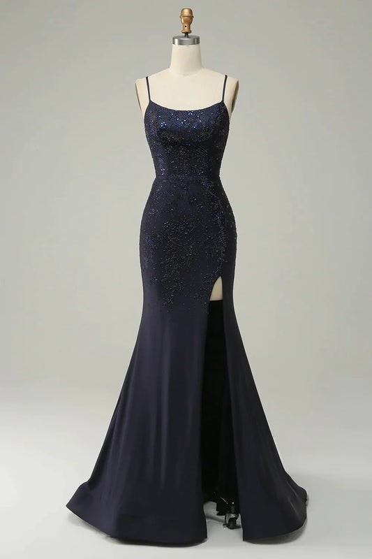 Spaghetti Straps Beaded Prom Dress with Split