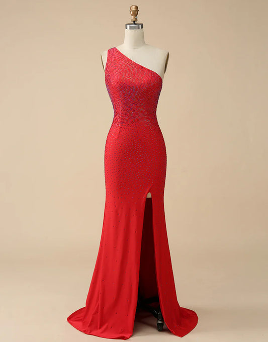 One Shoulder Beaded Mermaid Prom Dress with Split
