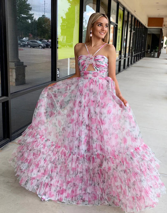 A-Line Halter Tiered Long Prom Dress