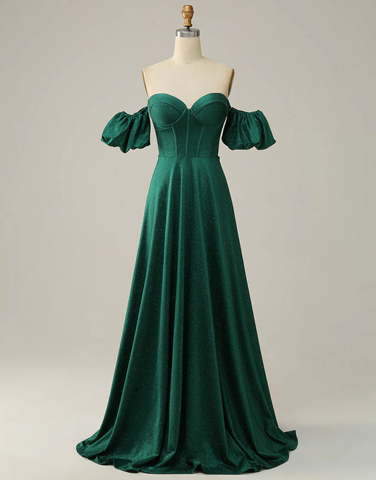 A Line Off the Shoulder Dark Green Long Prom Dress