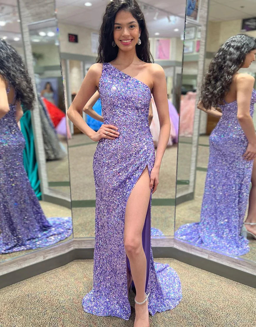 One Shoulder Sequin Prom Dress With Slit