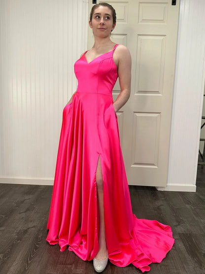 A Line V Neck Long Prom Dress With Slit