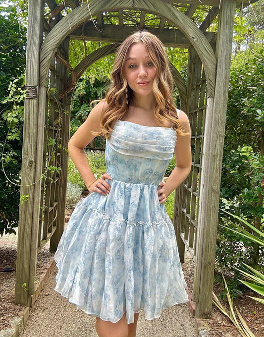 Printed Off the Shoulder Homecoming Dress with Ruffles