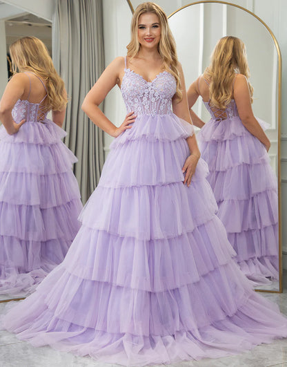 A Line Tiered Long Prom Dress With Appliques