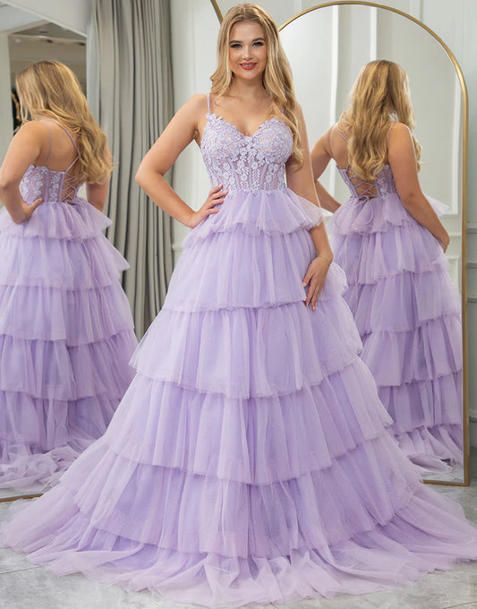 A Line Tiered Long Prom Dress With Appliques