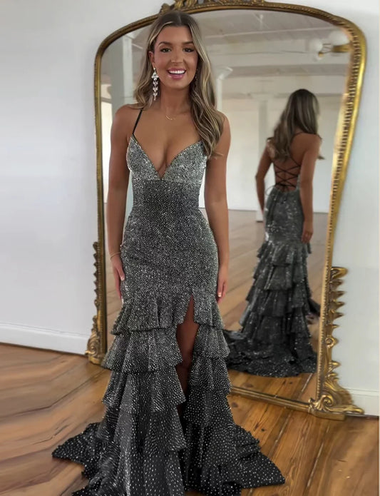 Mermaid Beaded Spaghetti Straps Long Prom Dress