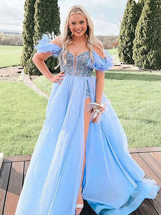 A Line Off the Shoulder Corset Long Prom Dress With Slit