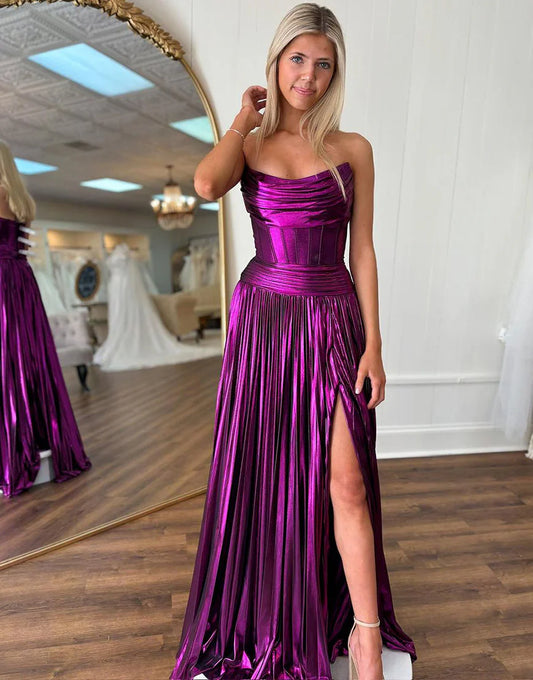 A Line Satin Cute Long Prom Dress With Slit