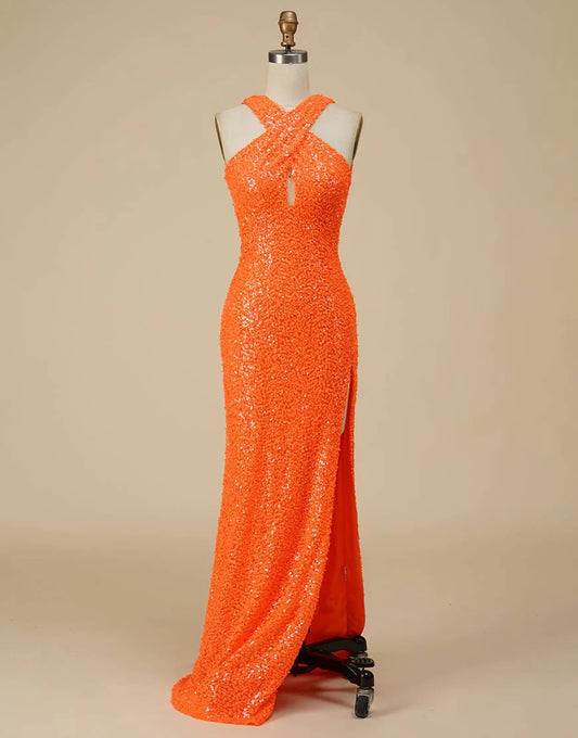 Halter Sequin Backless Prom Dress with Split