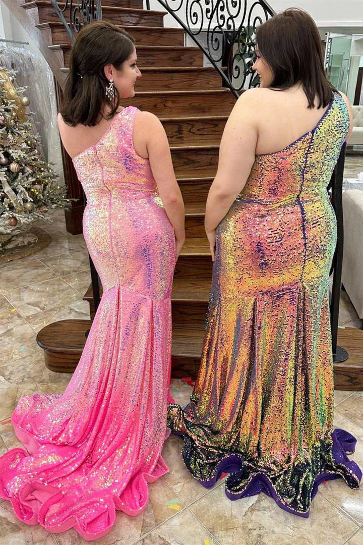 Sequins One-Shoulder Mermaid Long Prom Dress with Slit
