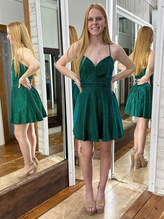 Spaghetti Straps A Line Sparkly Homecoming Dress