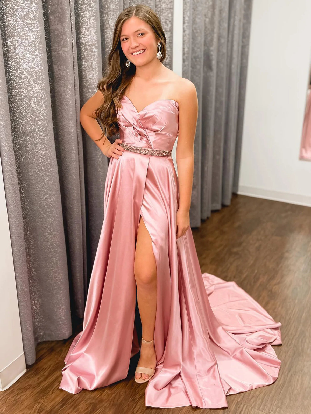 A Line Sweetheart Satin Long Prom Dress
