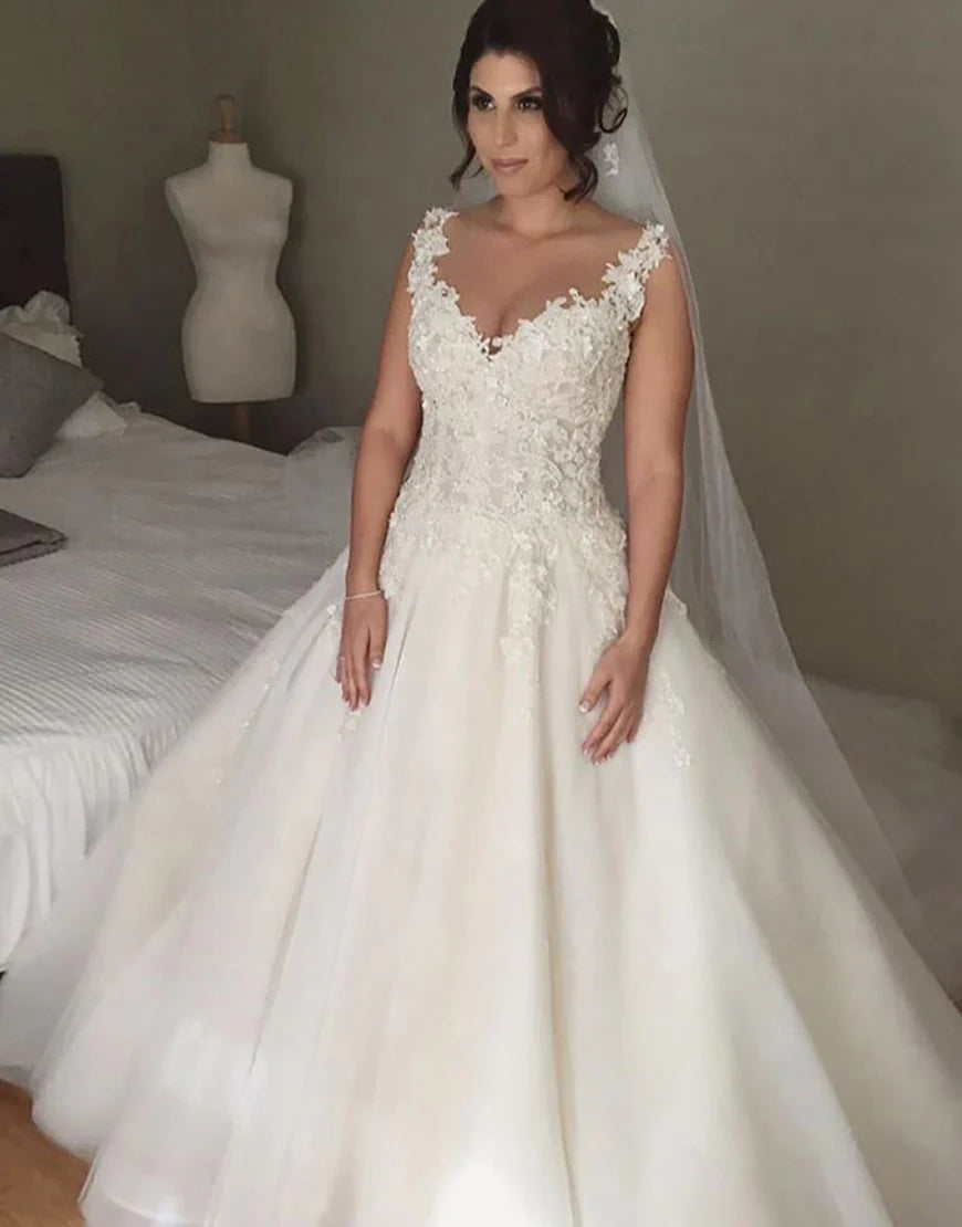 V Neck A Line Long Bridal Dress With Appliques