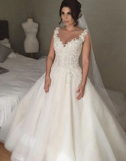 V Neck A Line Long Bridal Dress With Appliques