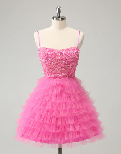 Dreamy Pink A Line Spaghetti Straps Tiered Flowers Tulle Cute Homecoming Dress