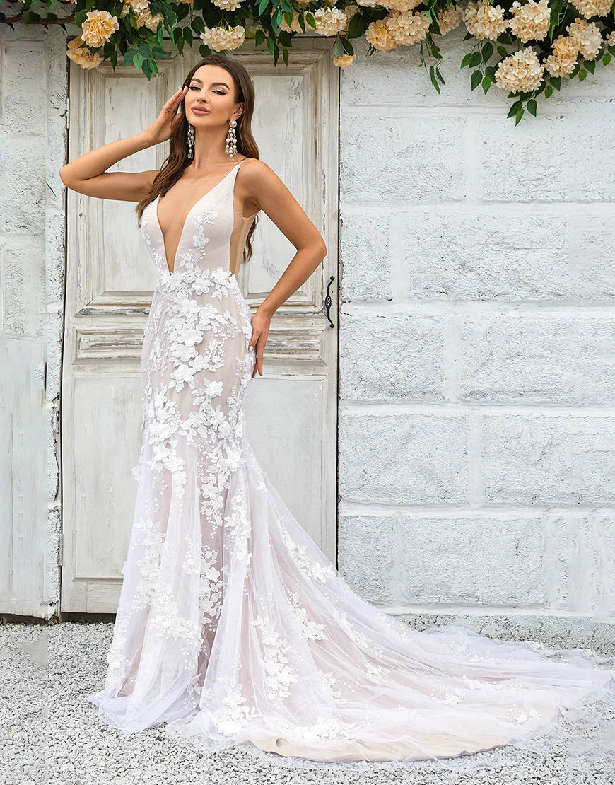 Mermaid Illusion Boat Neck Lace Wedding Dress