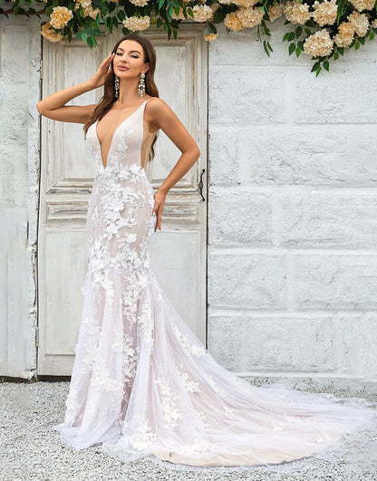 Mermaid Illusion Boat Neck Lace Wedding Dress