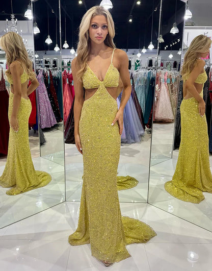 Sequined Deep V Neck Cut Out Long Prom Dress