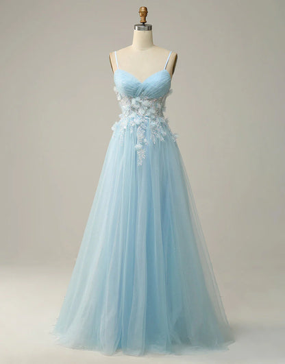 A Line Spaghetti Straps Sky Blue Prom Dress with Appliques