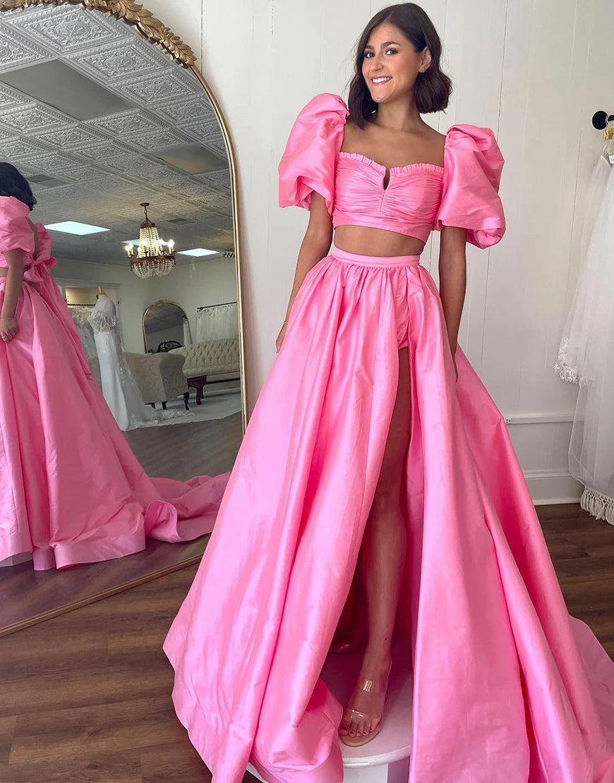 A Line Square Bowknot Two Piece Long Prom Dress With Slit