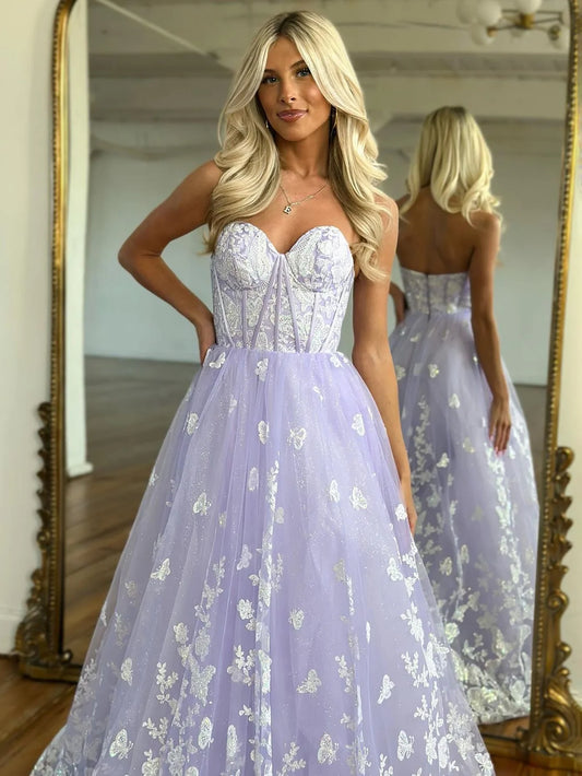 A Line Sweetheart Corset Tulle Long Prom Dress