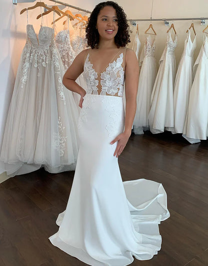 Sexy Boho Plunging Backless Lace Appliques Wedding Dress