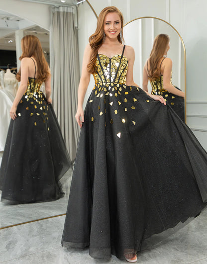 Sequins A Line Long Prom Dress With Mirror
