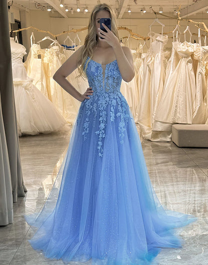 A Line Tulle Long Prom Dress With Appliques