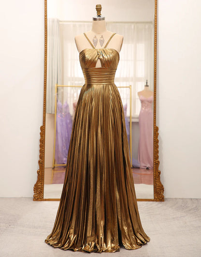 Sparkly Golden A-Line Spaghetti Straps Pleated Prom Dress with Slit