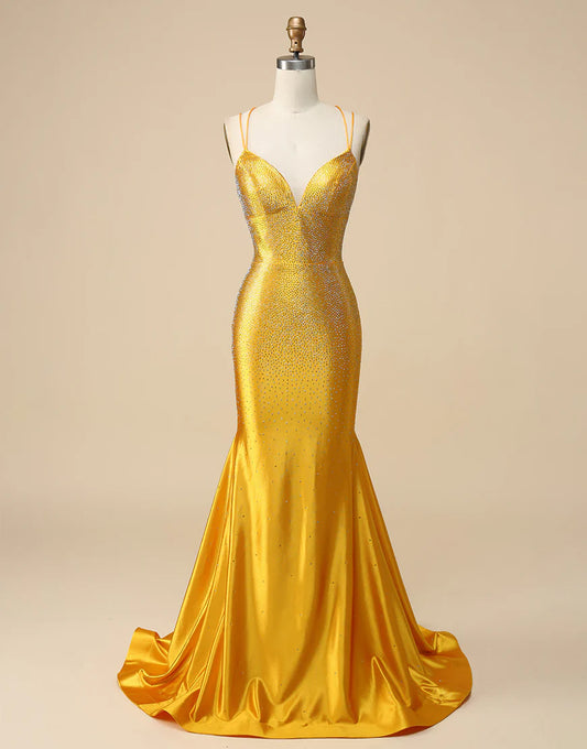 Gold Mermaid V-neck Beaded Long Prom Dress