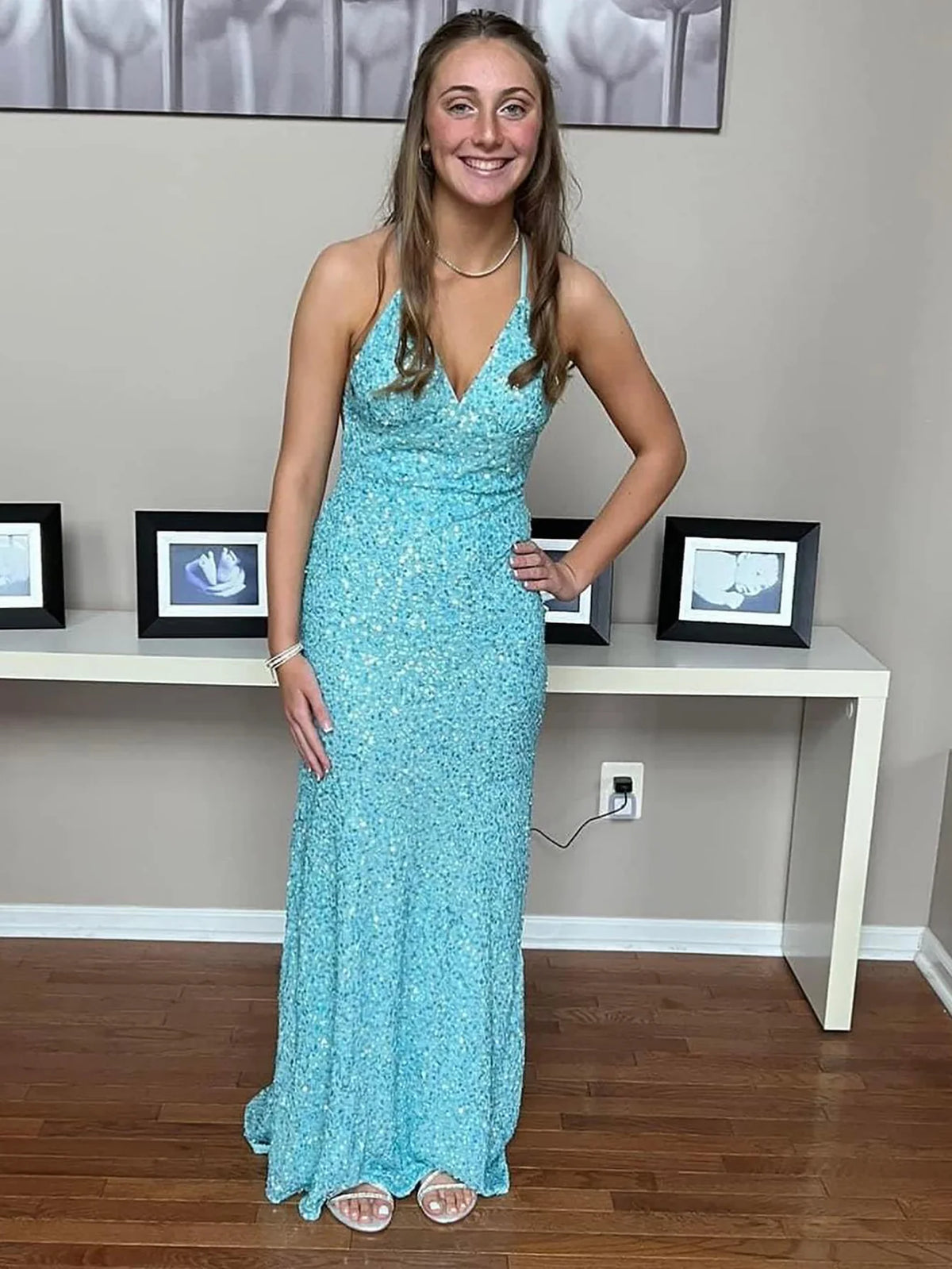 Sheath Halter Sequin Long Prom Dress
