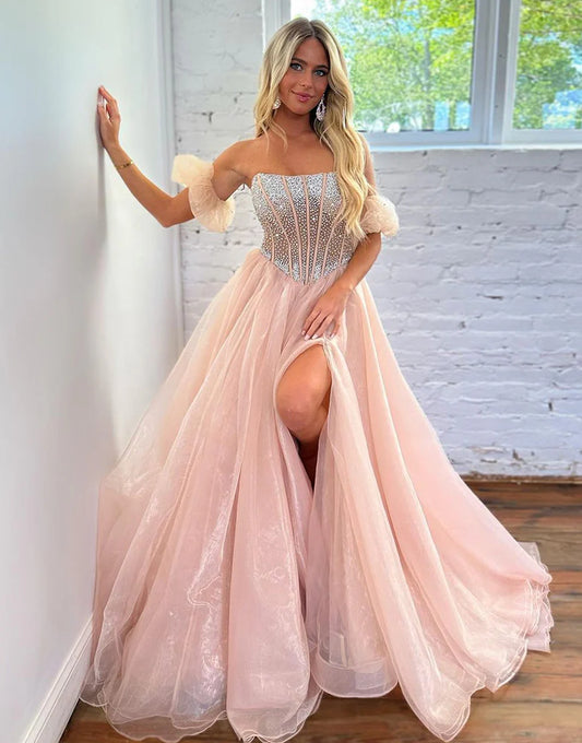 A Line Off The Shoulder Sequins Long Prom Dress