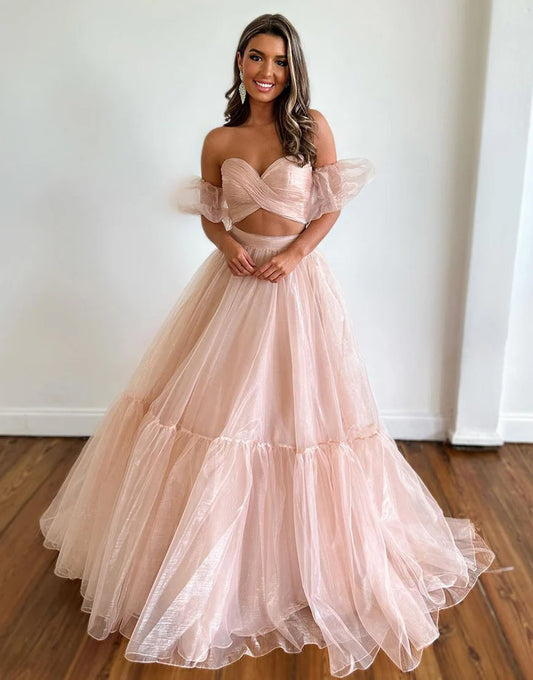 A Line Off The Shoulder Two Pieces Long Prom Dress