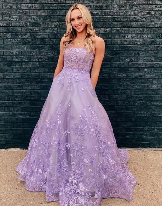 Lilac Tulle Prom Dress with Appliques