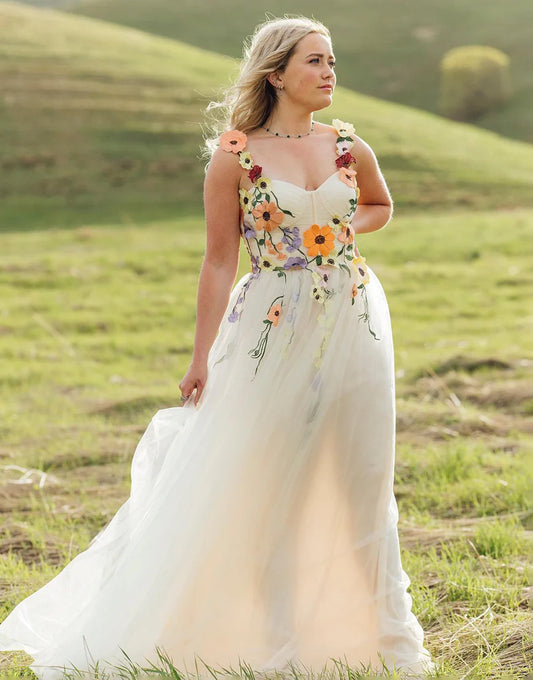 A Line Long Prom Dress With 3D Flower