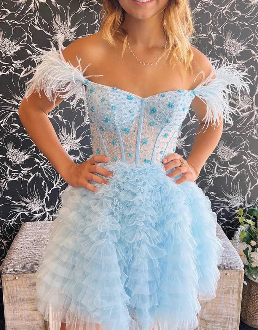 Off the Shoulder Glitter A Line Cute Homecoming Dress with Feathers