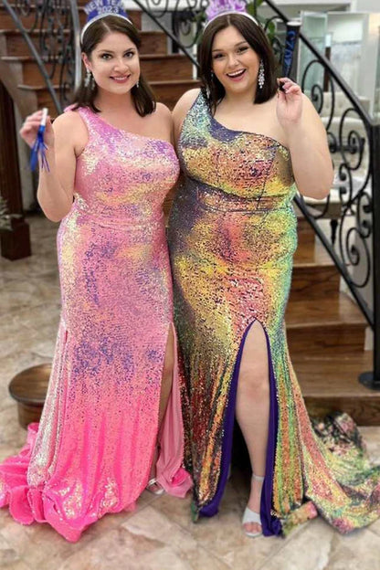 Sequins One-Shoulder Mermaid Long Prom Dress with Slit
