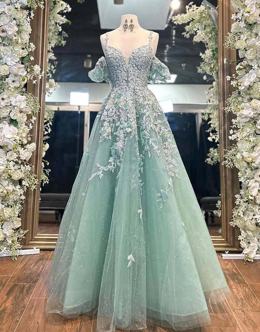 Mint A Line Tulle Prom Dress With Appliques