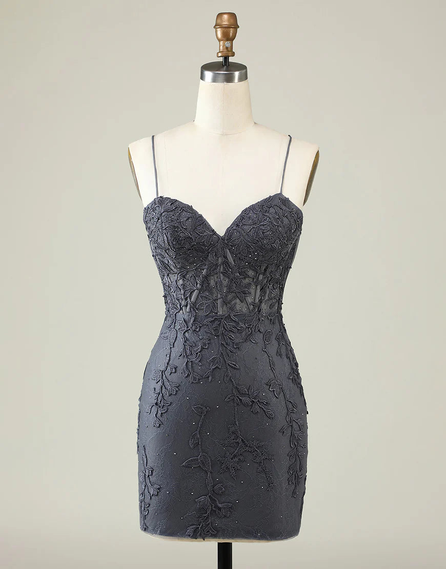 Grey Spaghetti Straps Open Back Homecoming Dress With Appliques