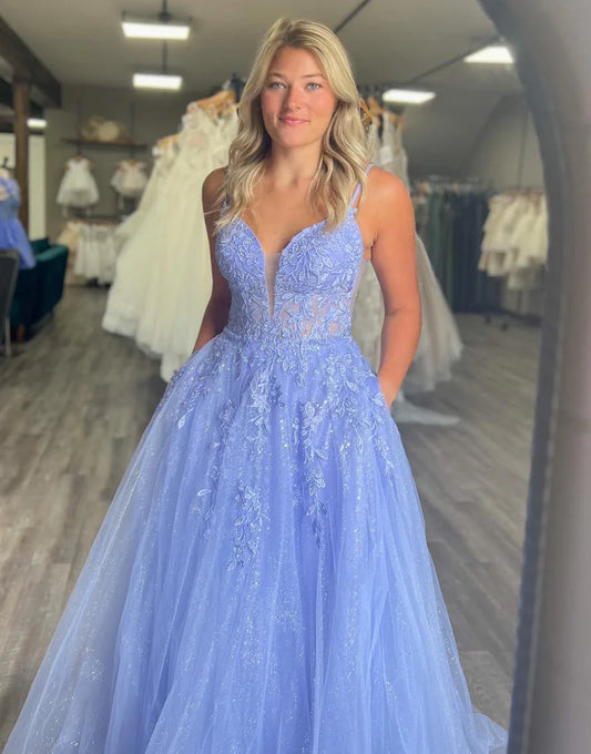 A Line Tulle Long Prom Dress With Appliques