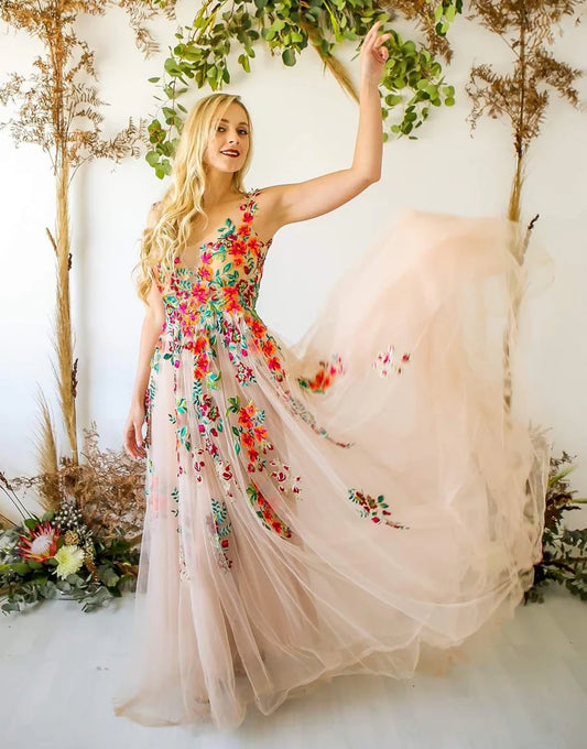V Neck Flower A Line Long Prom Dress