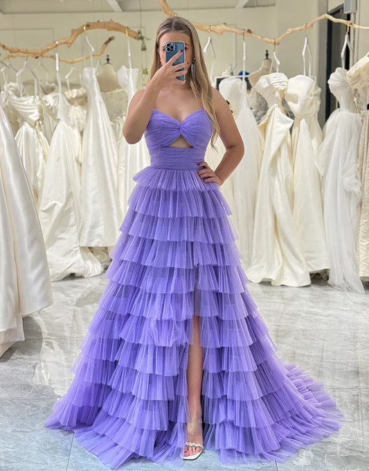 Tulle A Line Long Tiered Prom Dress With Front Slit
